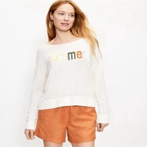 LOFT Women’s Cream Sweater with Multicolor 'Summer' Design Medium Lightweight